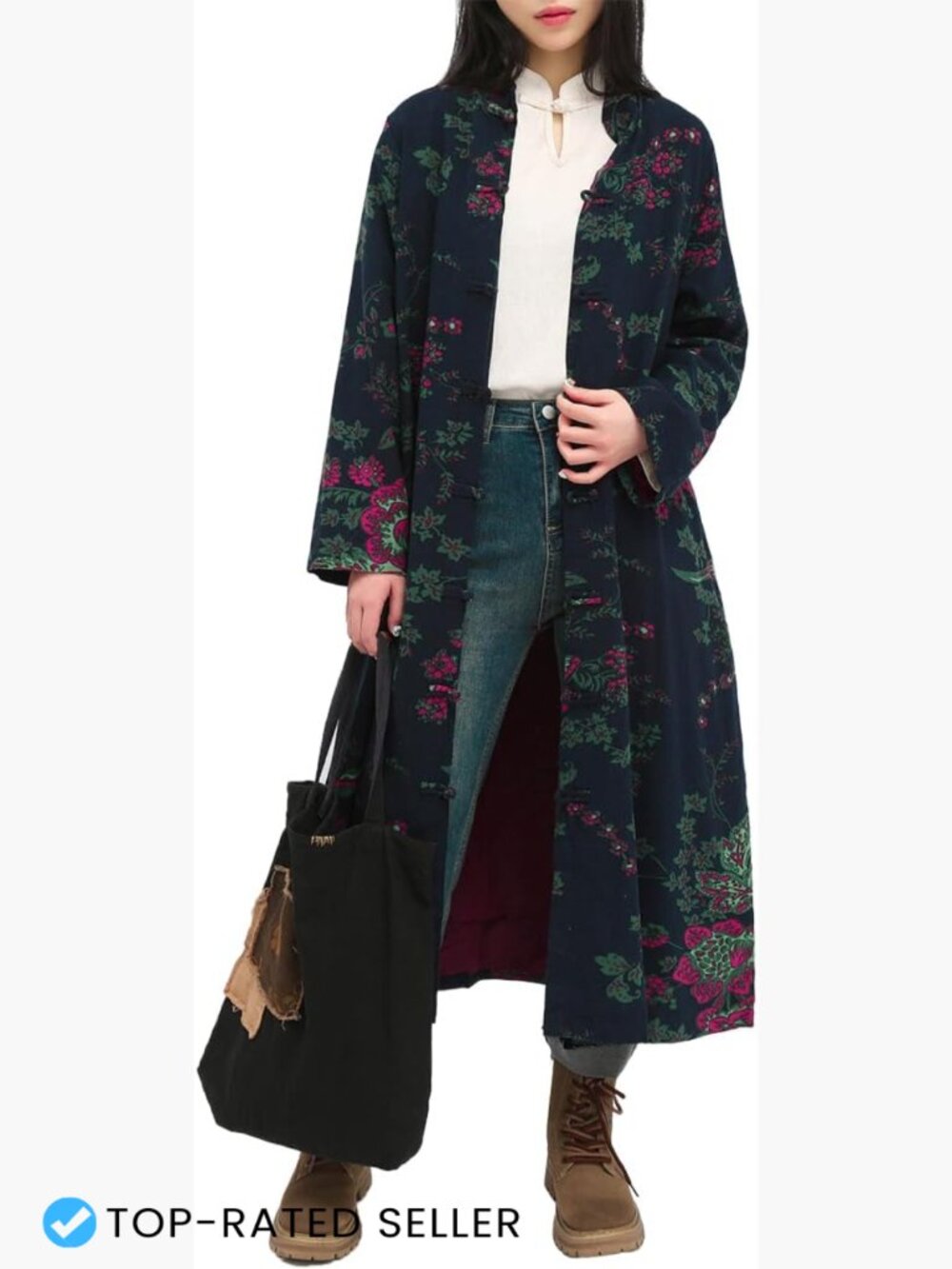 Boho Floral Print Trench Coat Long Sleeve Linen Blend Casual Jacket with Pockets